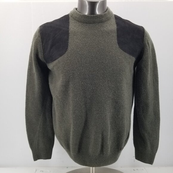 Barbour Wool Sportsmans Mens Sweater Forest Green Suede Elbow Patches  Sz Large - Picture 5 of 13